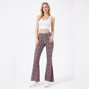 Rainbow Pull On Boho Pants Size M High Waisted Flare Leg Hippie Festival Printed